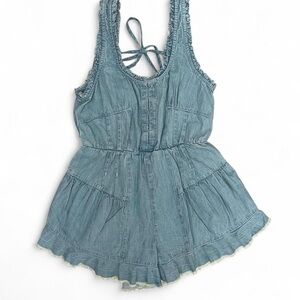 Free People light blue ruffled denim romper | tie back | frayed hem - size S